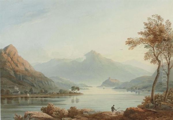 View Of Dolbadarn Castle With Snowdon Beyond, From Across Llyn Padarn, North Wales Oil Painting by John Varley