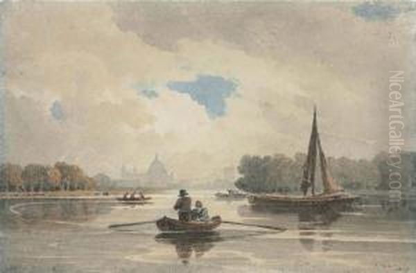 Boats On The River Thames, St Paul's Cathedral Oil Painting by John Varley