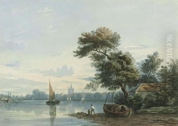 Barges On The Thames Near Chiswick, London Oil Painting by John Varley