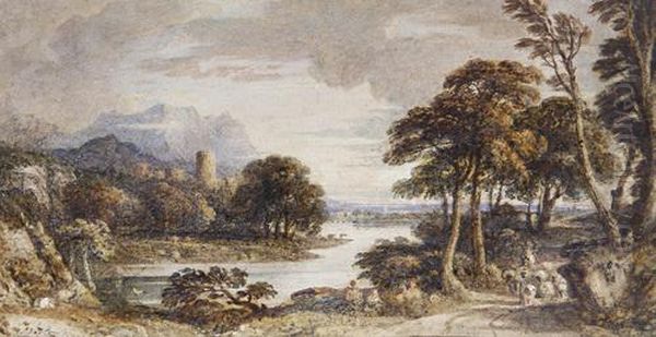 Landscape With Ruins, A Shepherd And His Flock By A River Oil Painting by John Varley