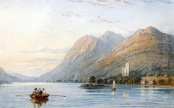 Mountain Lake Scene With Figures In A Rowing Boat Oil Painting by John Varley