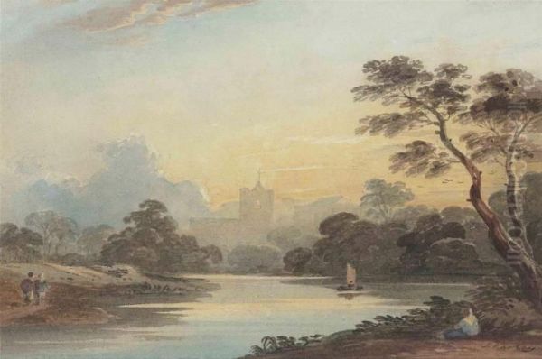 View On The Thames At Evening With Chiswick Church Beyond,london Oil Painting by John Varley