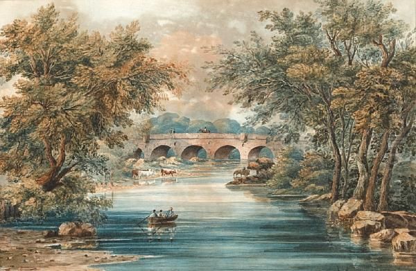 River Landscape With Bridge, Possiblycheshire Oil Painting by John Varley