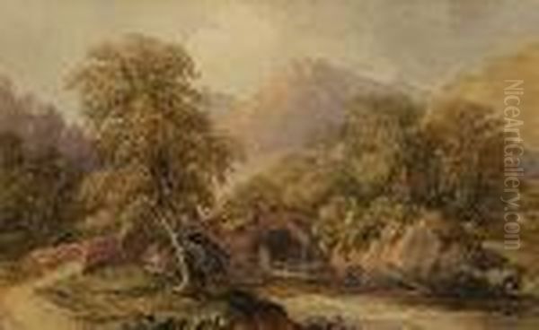 Figures On A Bridge Overlooking A Stream Oil Painting by John Varley