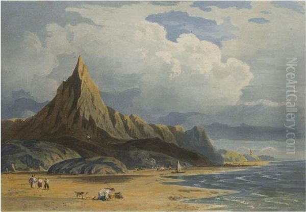 Figures On The Beach At Barmouth, North Wales Oil Painting by John Varley