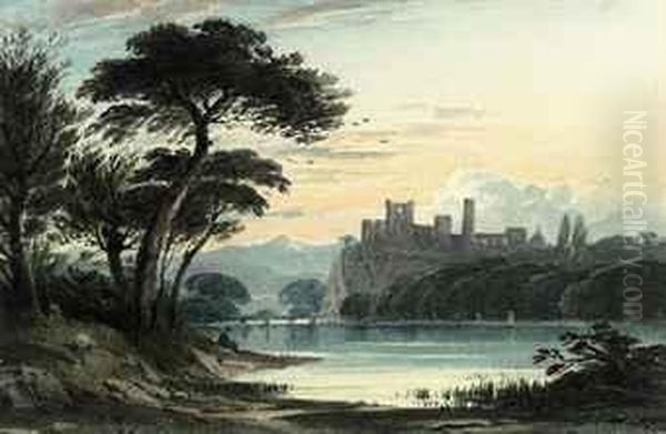 Figure Resting By A Lake, With A Castle Beyond Oil Painting by John Varley