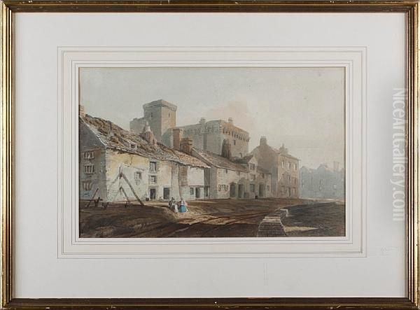 Village Street With Castle Behind Oil Painting by John Varley