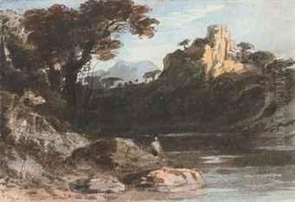 A Landscape With A River And A Castle On A Cliff Oil Painting by John Varley