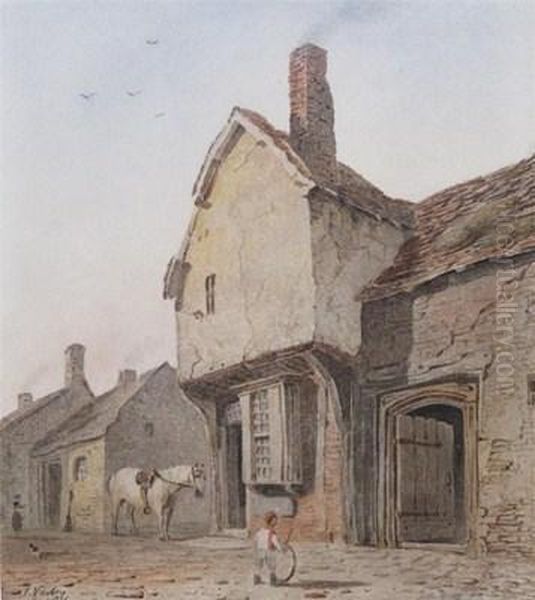 Figure And A Horse Outside An Old House Oil Painting by John Varley