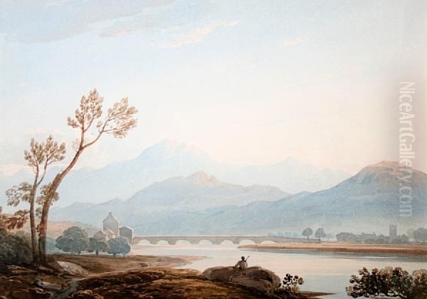 Bridge At Dolgellau, Cadair Idris Beyond Oil Painting by John Varley