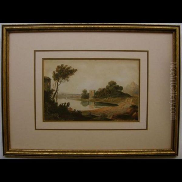 River And Landscape; Fisherfolk On Beach Oil Painting by John Varley