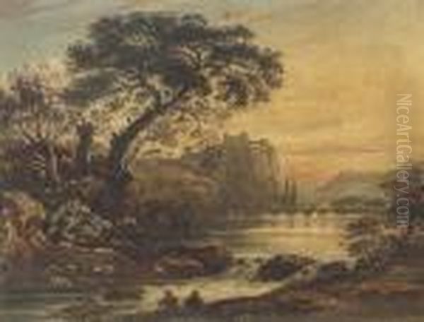 A Capriccio Landscape With A Ruined Castle And A Bridge Oil Painting by John Varley