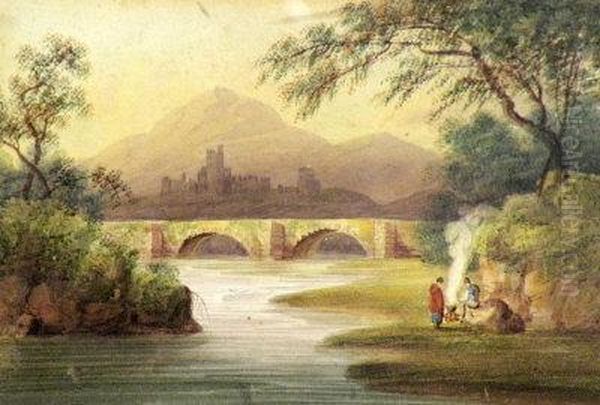 Figures On A Riverbank With Distant Castle Beyond Oil Painting by John Varley