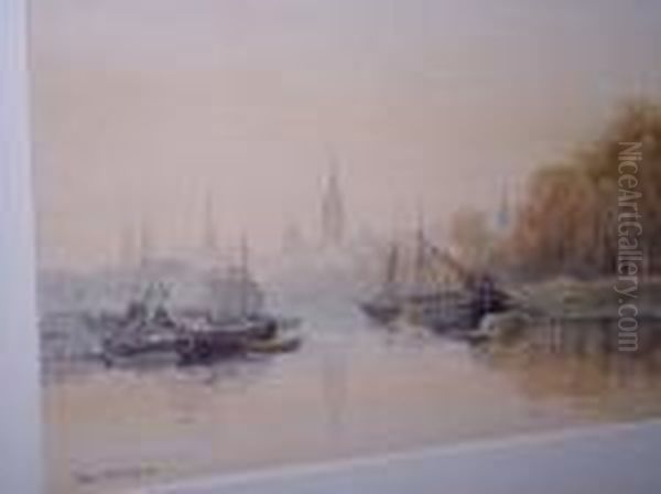 Cathedral By A River With Barges Oil Painting by John Varley