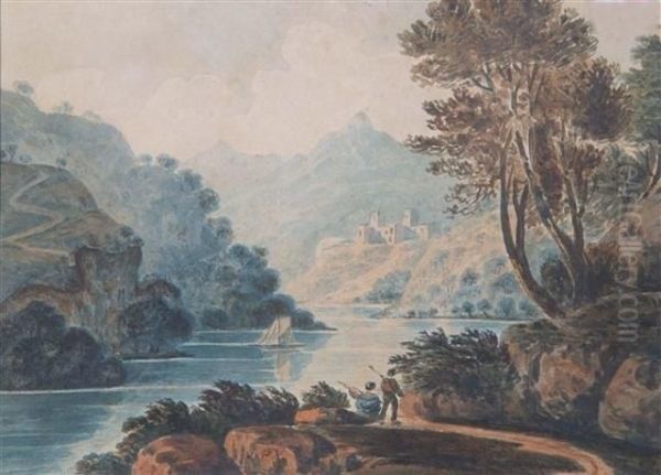 Mountainous River Landscape With Figures On A Track Oil Painting by John Varley