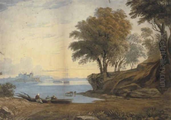 Figures And Cattle In A Coastal Landscape, A Castle Beyond Oil Painting by John Varley