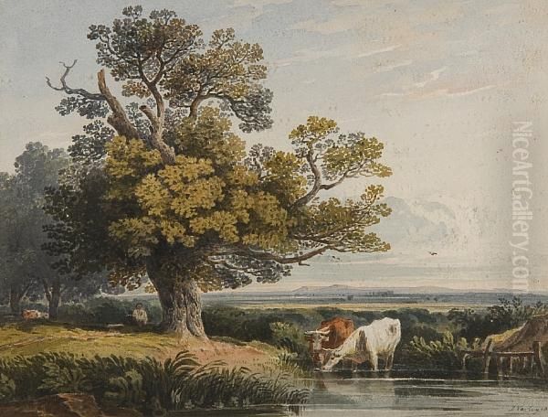 Cattle Watering In A Landscape Oil Painting by John Varley