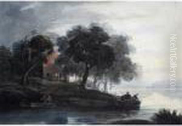 River Scene With Figures In Boats And Near A Cottage Oil Painting by John Varley