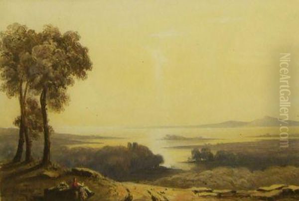 Figure Resting In Lakeland Landscape At Sunrise Oil Painting by John Varley