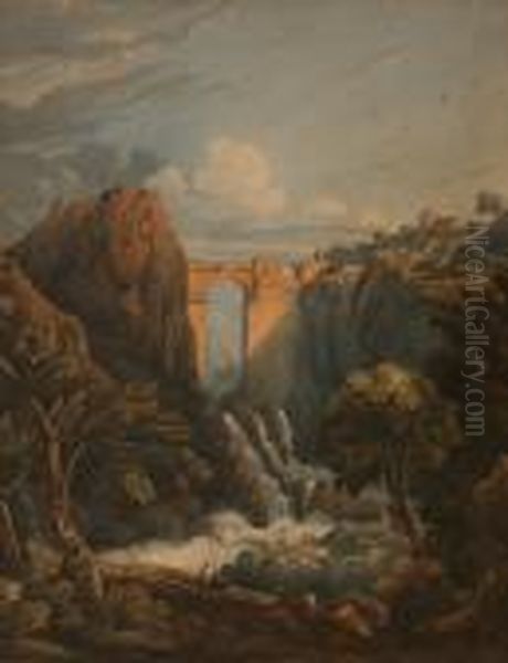 Mountainous Continental Landscape With Hilltop Town And Bridge Above A Waterfall Oil Painting by John Varley