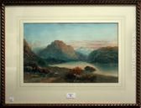 Mountainous Landscape With Goats Near A Lake Oil Painting by John Varley