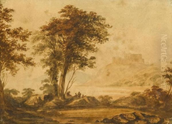 Landscape With Figures At The Edge Of A Lake Oil Painting by John Varley