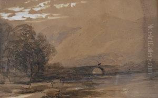 Figure Crossing A Bridge In A Mountain River Landscape Oil Painting by John Varley