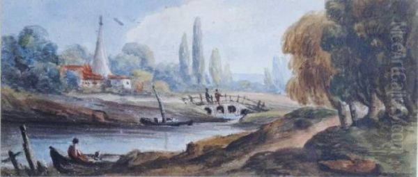 Figures By A Cottage On The Bank Of A River Oil Painting by John Varley