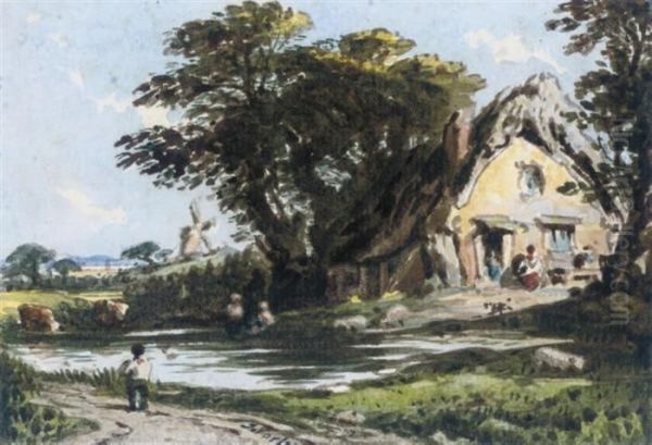 Figures By A Cottage With A River Running Past, A Windmill Beyond Oil Painting by John Varley