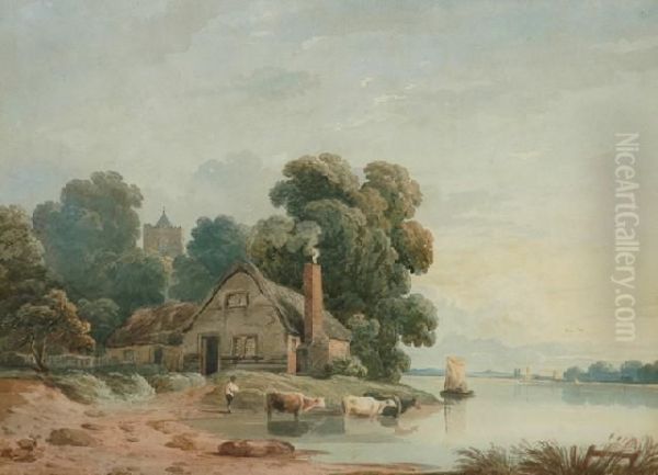 River Scene With Cottage Oil Painting by John Varley