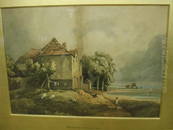 Cottage And Figures Beside A Pond, Signed Lower Right Oil Painting by John Varley