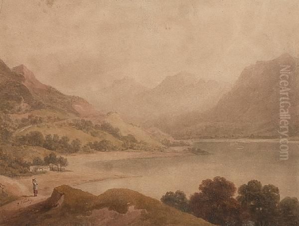 Mountainous Lake Scene With Figures In The Foreground Oil Painting by John Varley