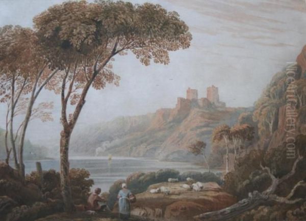 A Lake Scene With A Castle In The Distance Oil Painting by John Varley