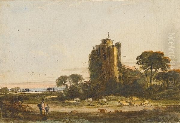 Figures And Sheep Before A Coastal Ruin Oil Painting by John Varley