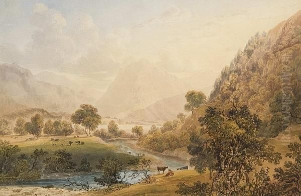 Extensive River Landscape With Cattle Oil Painting by John Varley