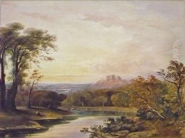 Watercolour River Landscape With A Castle Beyond Oil Painting by John Varley