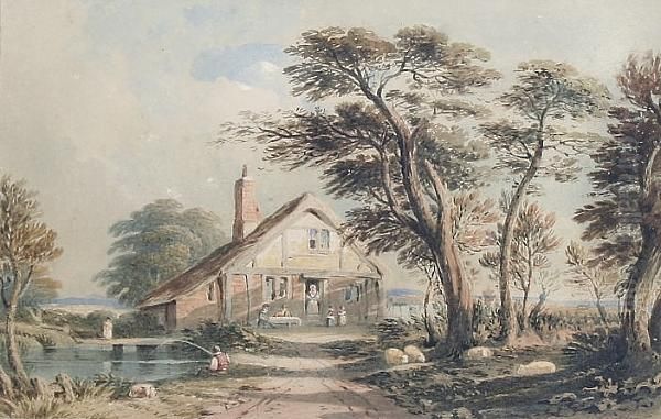 Cottage By A Pond With Angler And Figures Before Oil Painting by John Varley