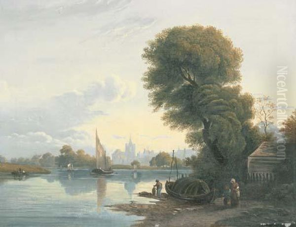 Figures On The Bank Of The River Thames Oil Painting by John Varley