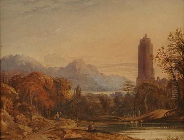 Landscape With Tower And Figures Oil Painting by John Varley