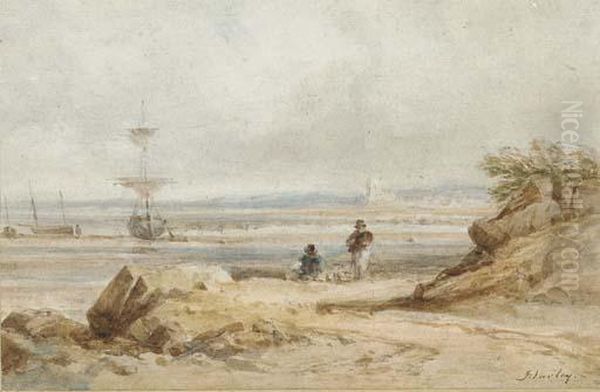 A Coastal Scene With Fisherfolk And Beached Vessels Beyond Oil Painting by John Varley