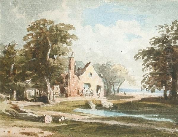 View Of A Country House By A Lake Oil Painting by John Varley