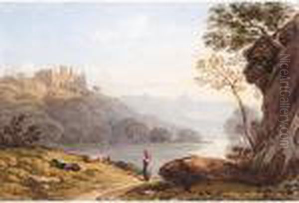 Berry Pomeroy Castle, Above The River Dart Oil Painting by John Varley