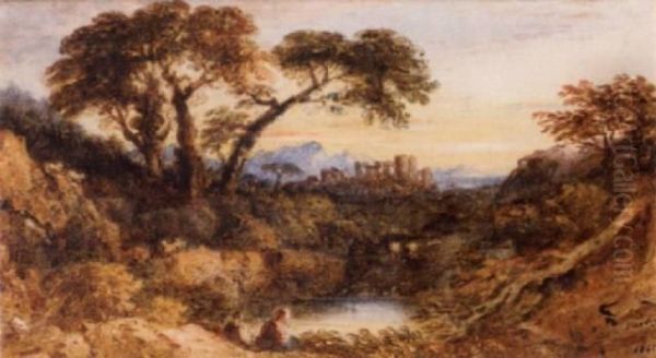 Figures Near A Lake Oil Painting by John Varley