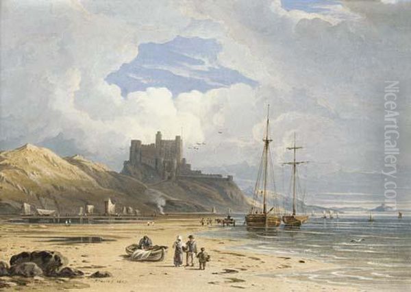 Bamborough Castle From The North-east, With Holy Island In The Distance, Northumberland Oil Painting by John Varley