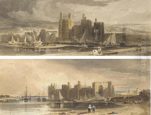 Two Views Of Caernarvon Castle, North Wales Oil Painting by John Varley