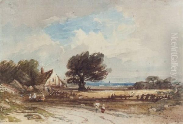 Figures On A Country Road With Cottages Beyond Oil Painting by John Varley