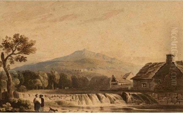 Figures By A Waterfall With Mount Snowdon Beyond Oil Painting by John Varley