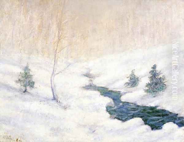 Woodland Stream In A Winter Landscape Oil Painting by John Henry Twachtman