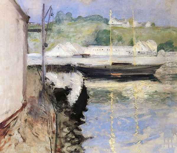 Fish Sheds And Schooner Gloucester Oil Painting by John Henry Twachtman