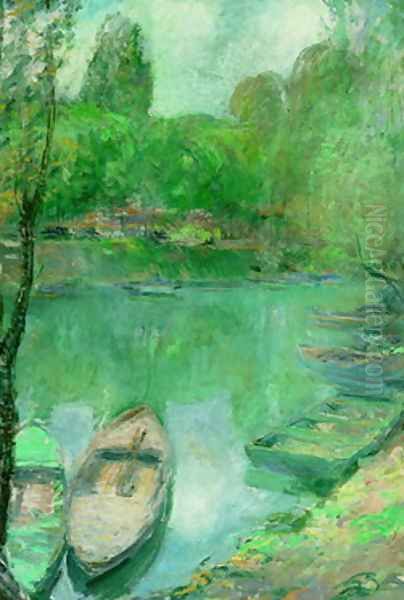 Boats Moored on a Pond Oil Painting by John Henry Twachtman